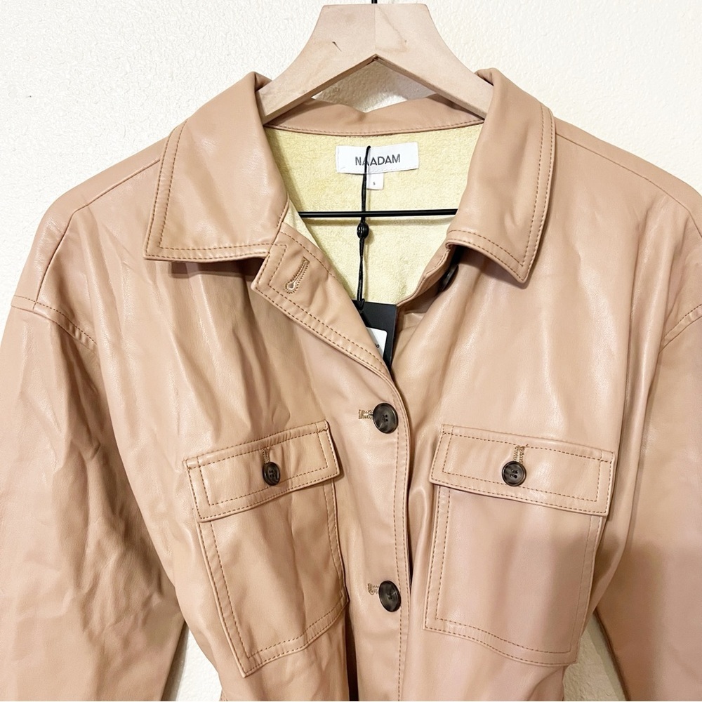 🛍️NWT Naadam Vegan Leather Belted Pocket Cargo Safari Jacket in Camel Tan Small - Picture 5 of 8